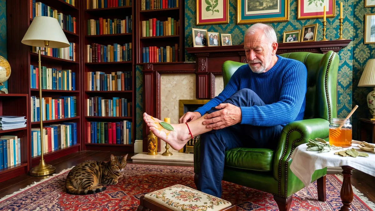 Older man applying honey and a sage leaf to his foot as part of an evening routine
