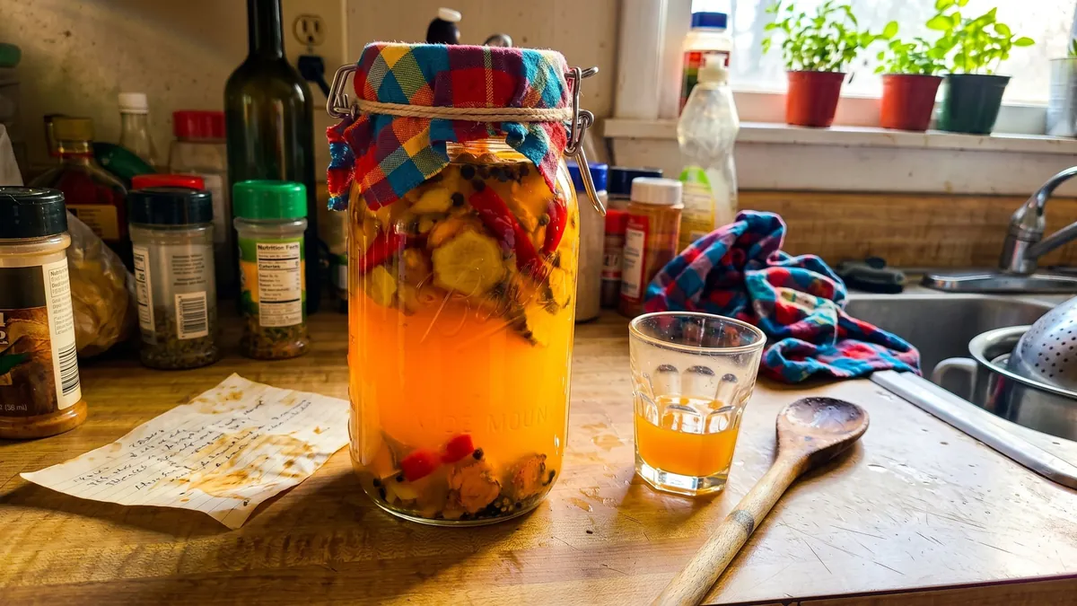 Homemade golden infusion with ginger and spices in a glass jar