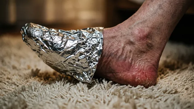 Foot wrapped in kitchen foil on a rug