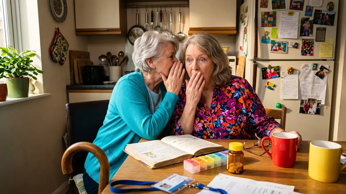 Two older women sharing a surprising tip at the kitchen table