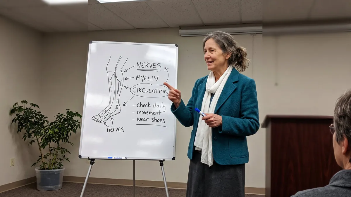 Educator explaining nerves, myelin and circulation on a whiteboard