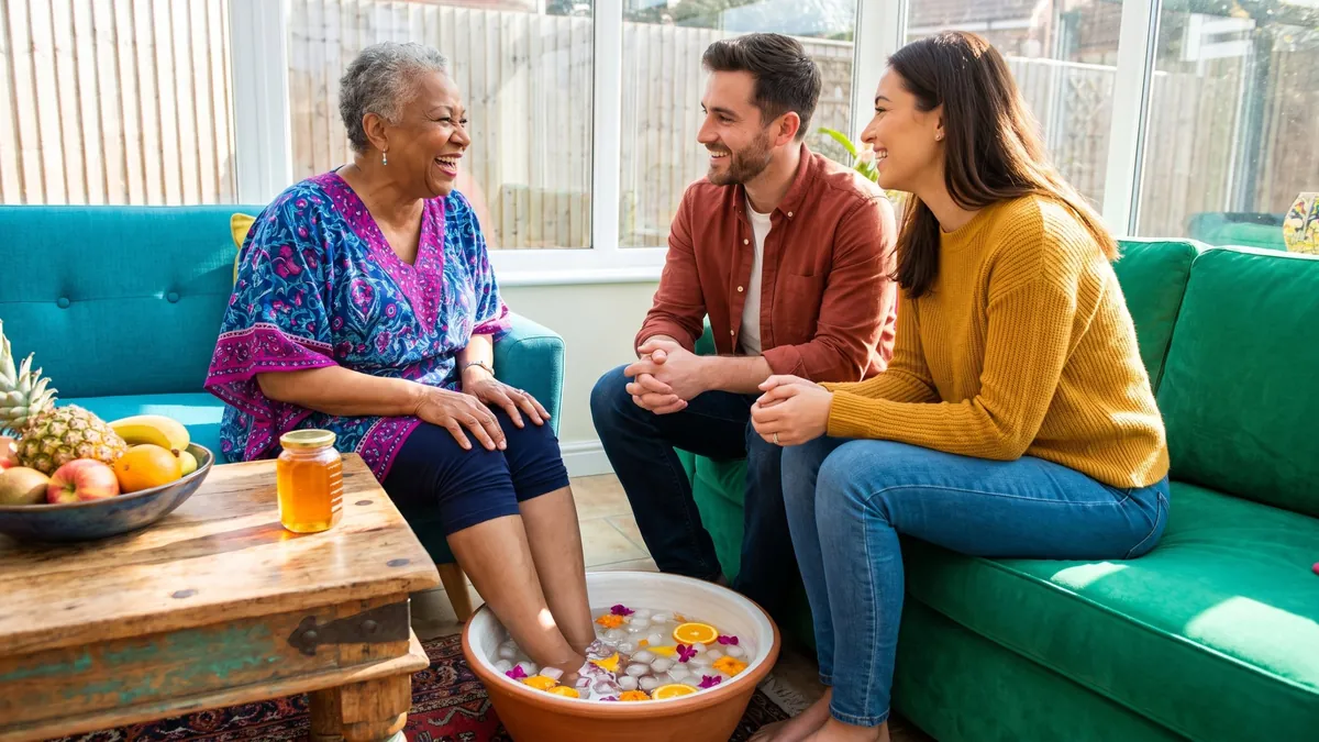 Smiling older woman relaxing with a cool foot soak while talking with family